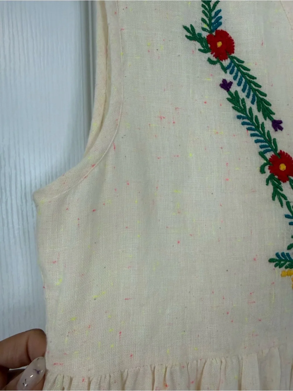 NATURAL LIFE Cream Sleeveless Dress with Bright Floral Embroidery 100% Cotton